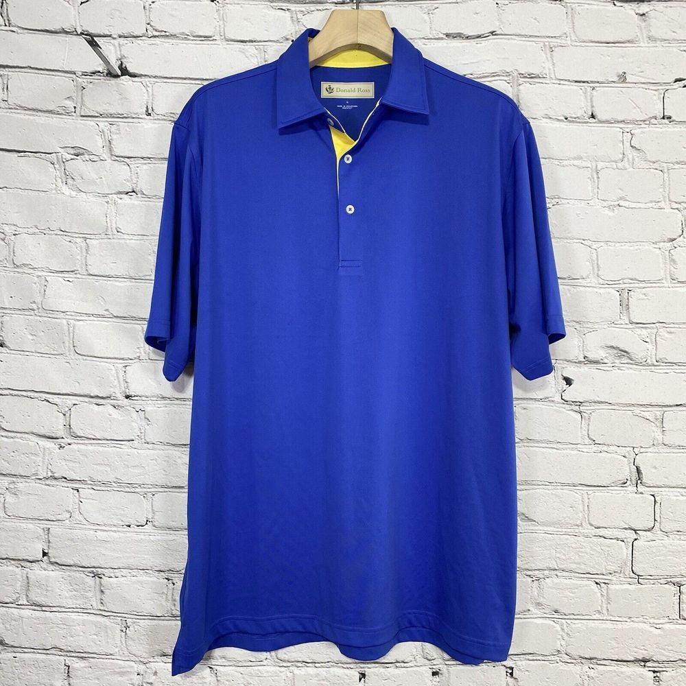 Donald‎ Ross Polo Shirt Mens Size L Blue Solid Yellow Trim Performance Golf